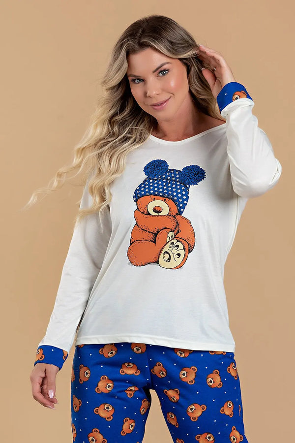 Pijama Inverno Feminino Urso Com Gorro - Modelo Austria